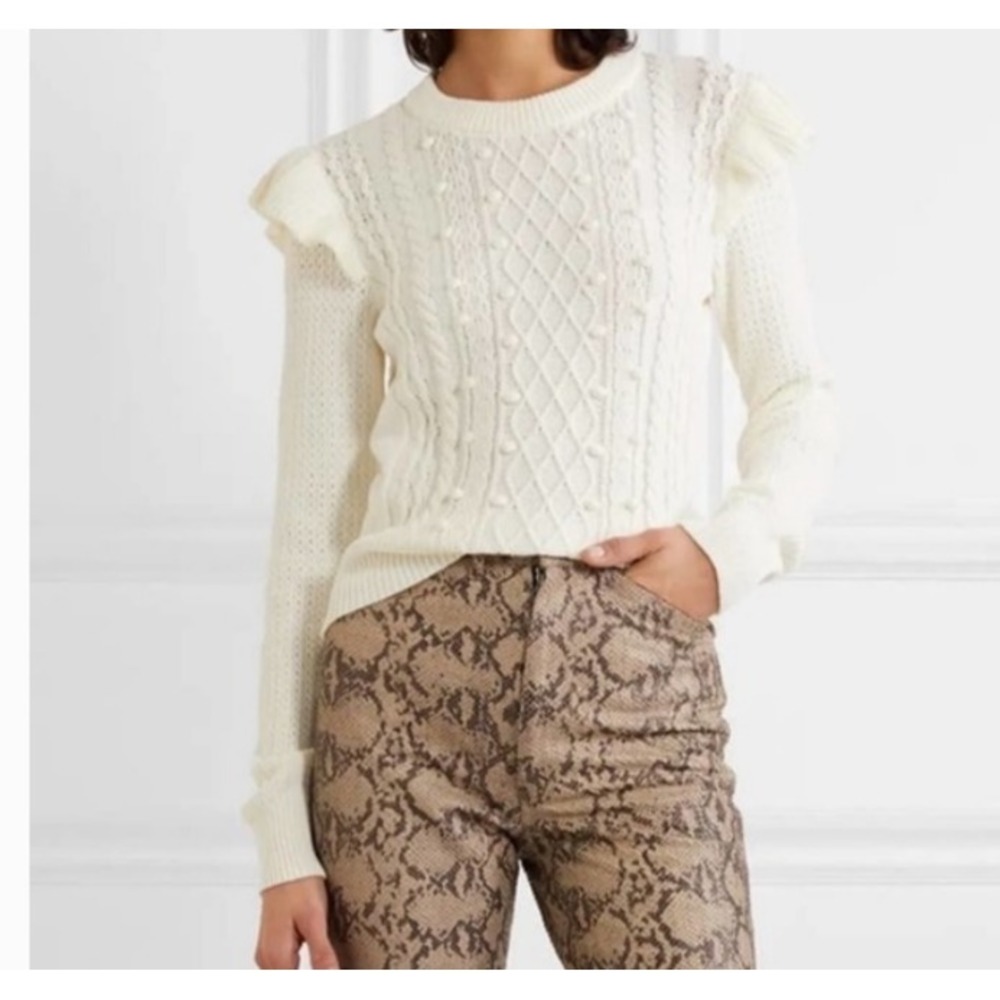 VERONICA BEARD Earl Pullover Sweater Ivory Cotton Ruffle Cable Knit Pompoms SZ L